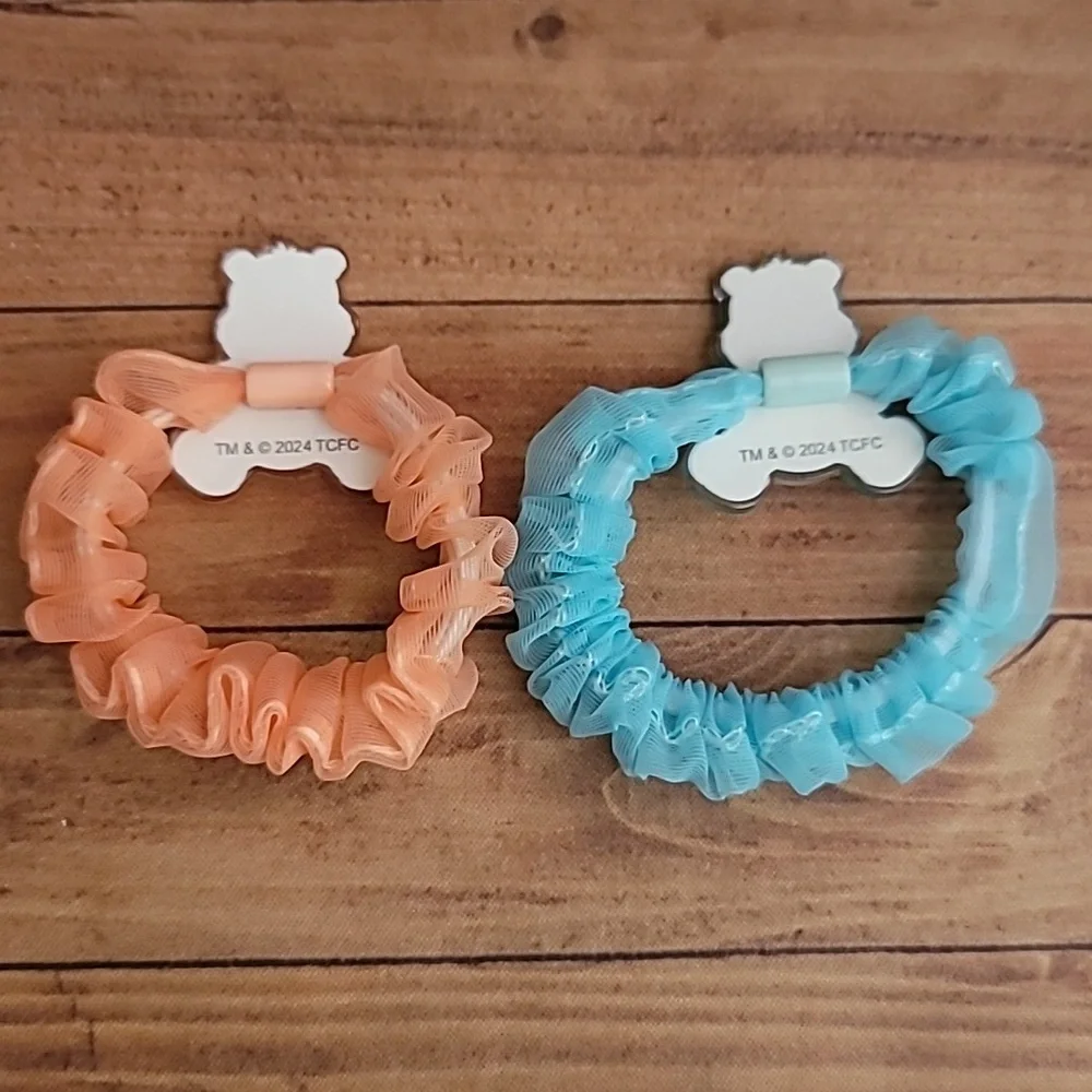 Bears Acrylic Peach and Teal Tulle Fabric Elastic Girl's Hair Crunchies